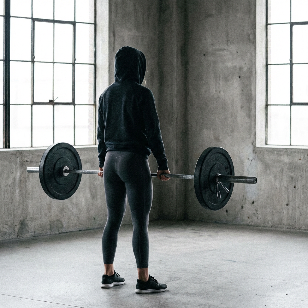 Woman in athletic wear holding a barbell in a concrete industrial gym setting.